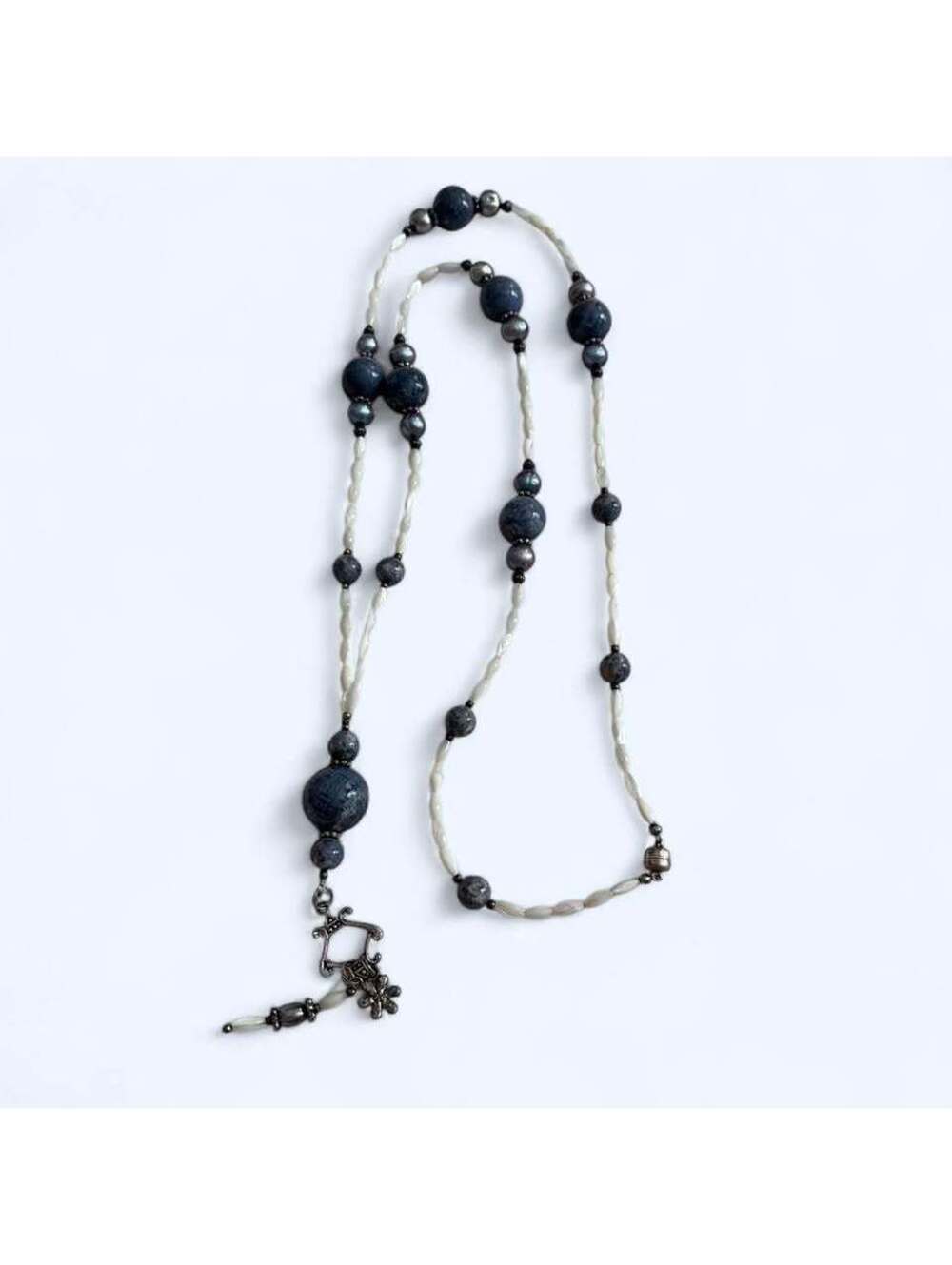 Vintage Style Beaded Layered Necklace with Blue and White Beads and Silver Accen